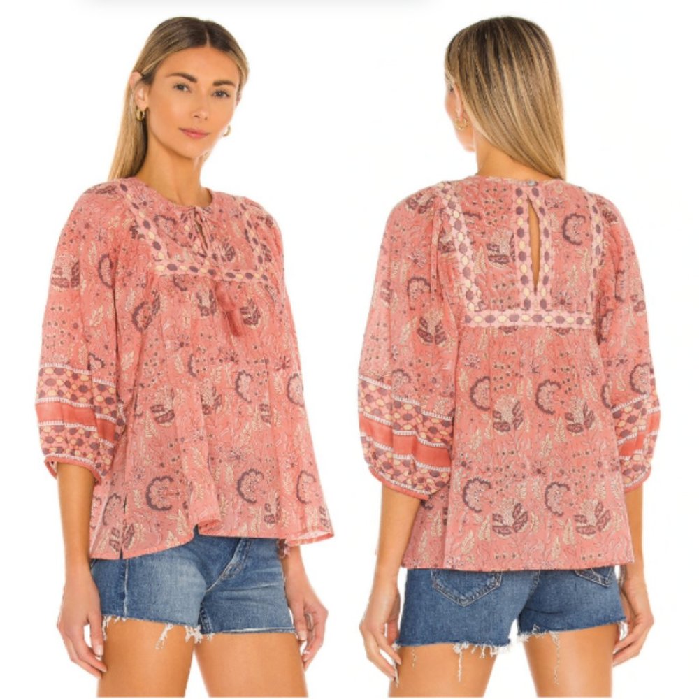 Cleobella puff sleeve Amaryllis peasant top organic cotton floral print tassels